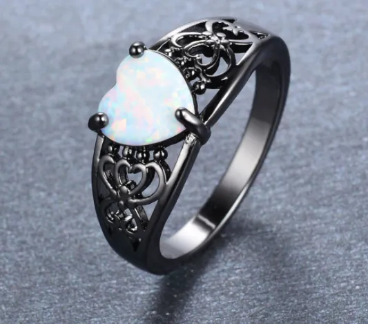 White Opal Heart Black Gold Filled Ring