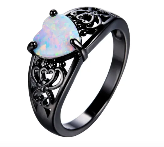 White Opal Heart Black Gold Filled Ring