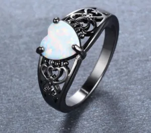 White Opal Heart Black Gold Filled Ring