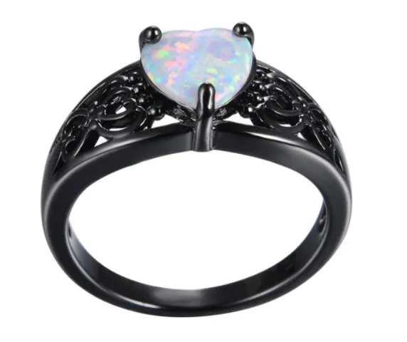 White Opal Heart Black Gold Filled Ring