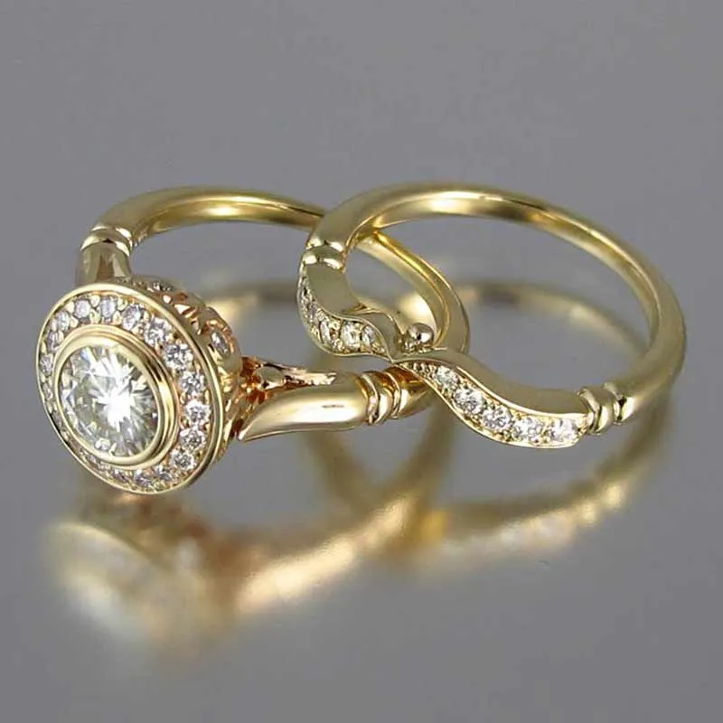 White Sapphire Gemstone 2PC Bridal Ring Set 14K Gold Women's Jewelry