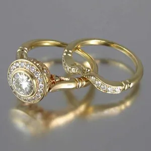 White Sapphire Gemstone 2PC Bridal Ring Set 14K Gold Women's Jewelry