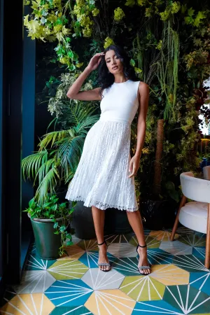 White Sleeveless Pleated Lace Midi Dress