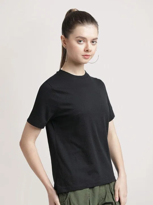 Women Black Melange Slim Fit Solid Sustainable T-Shirt