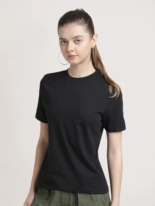 Women Black Melange Slim Fit Solid Sustainable T-Shirt