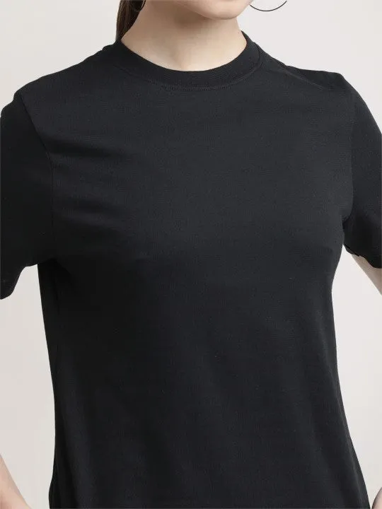 Women Black Melange Slim Fit Solid Sustainable T-Shirt