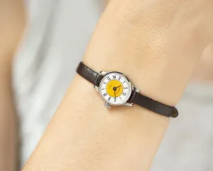 Women micro watch yellow dial Roman numerals silver shade Seagull wristwatch, vintage delicate women watch gift, new genuine leather strap