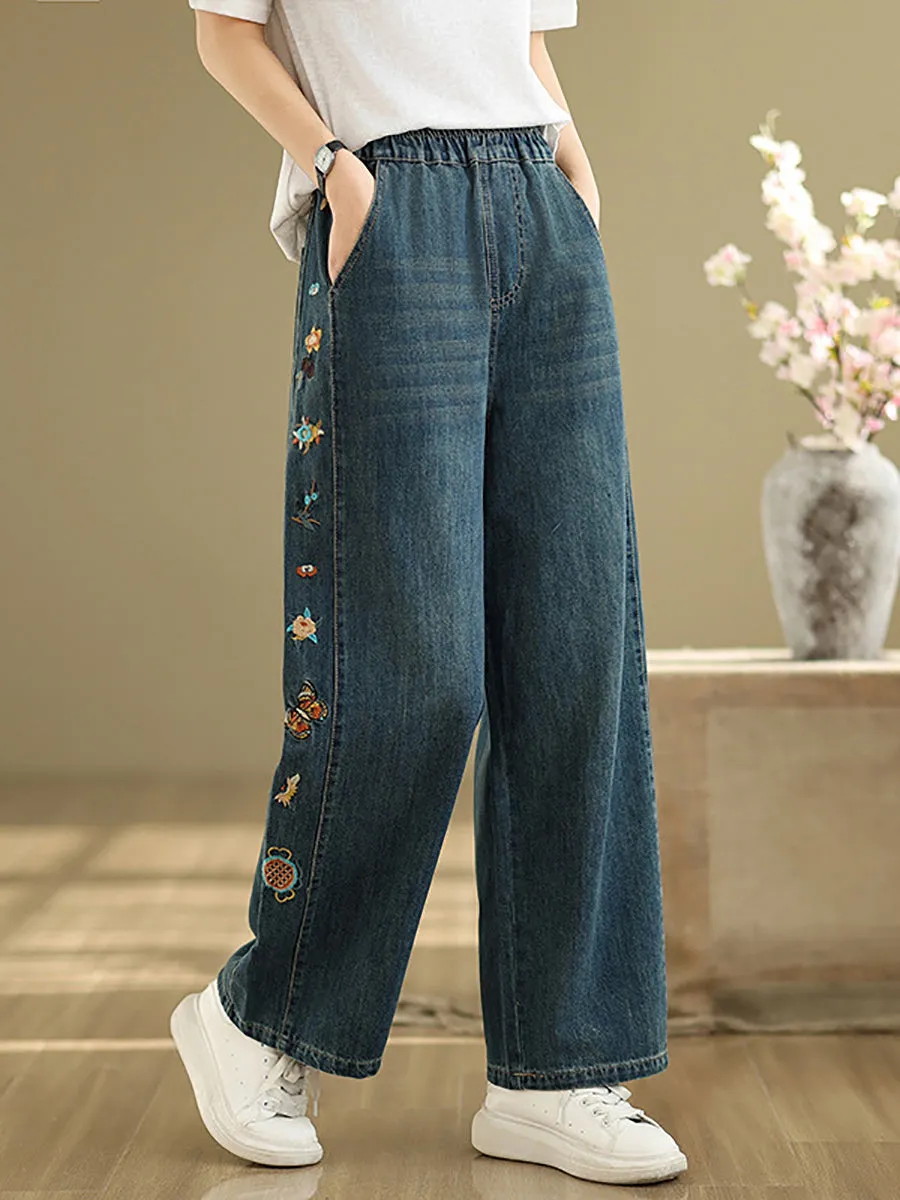 Women Retro Embroidery Denim Wide-leg Pants