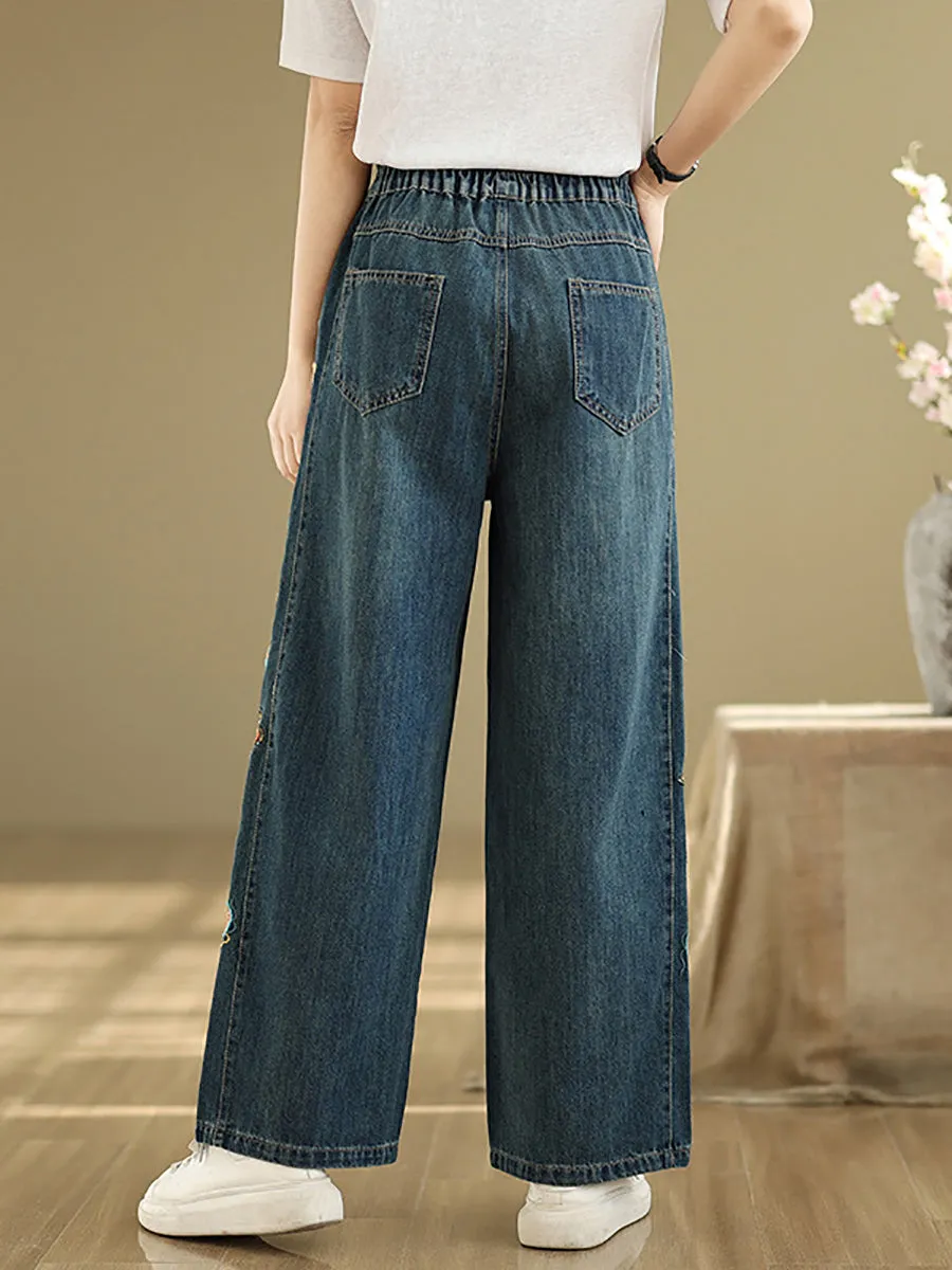 Women Retro Embroidery Denim Wide-leg Pants