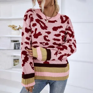 Women Sweaters Kniting Round Collar Pullover Bicolor Leopard Patterns