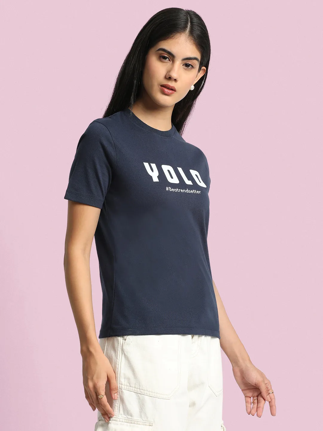Women Typography Printed Round Neck Slim Fit T-shirt