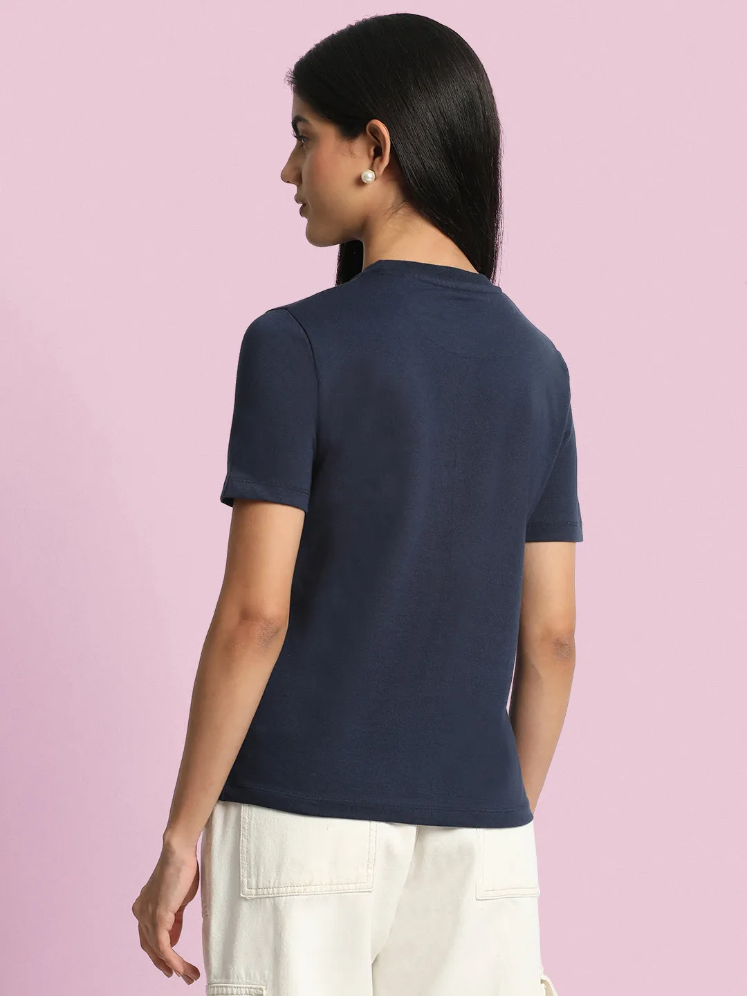 Women Typography Printed Round Neck Slim Fit T-shirt