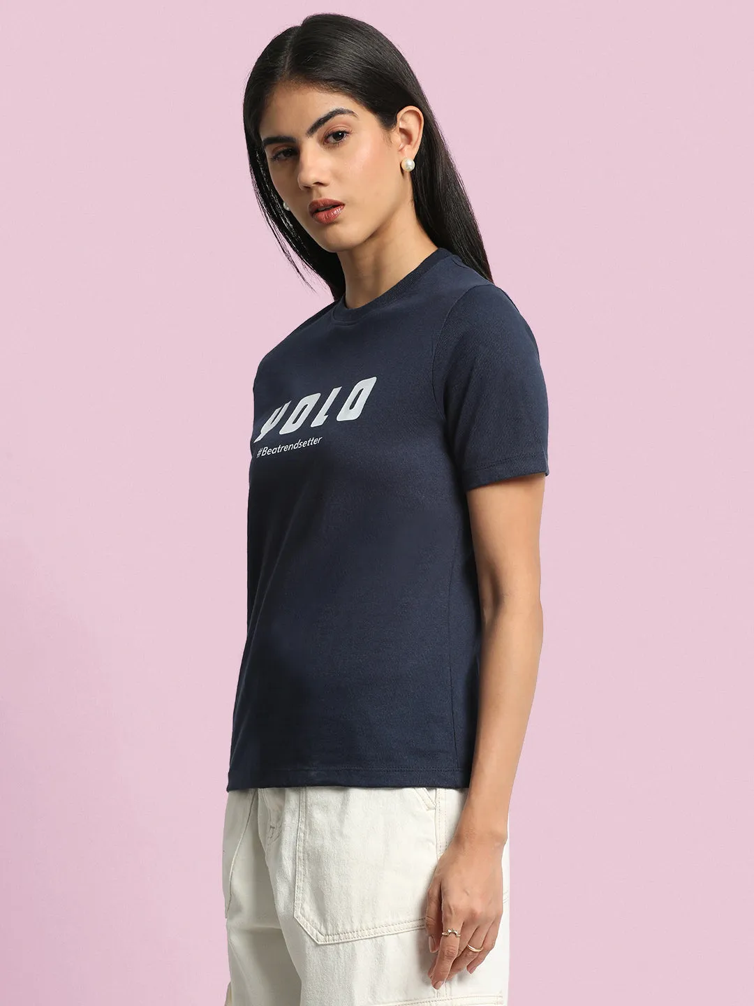 Women Typography Printed Round Neck Slim Fit T-shirt