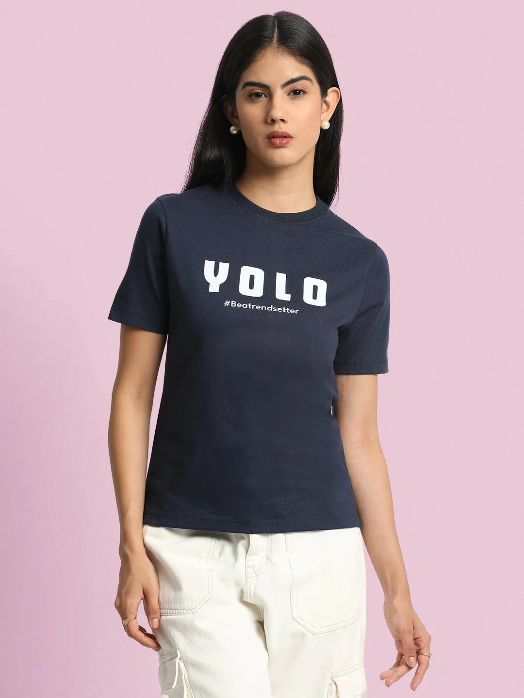 Women Typography Printed Round Neck Slim Fit T-shirt