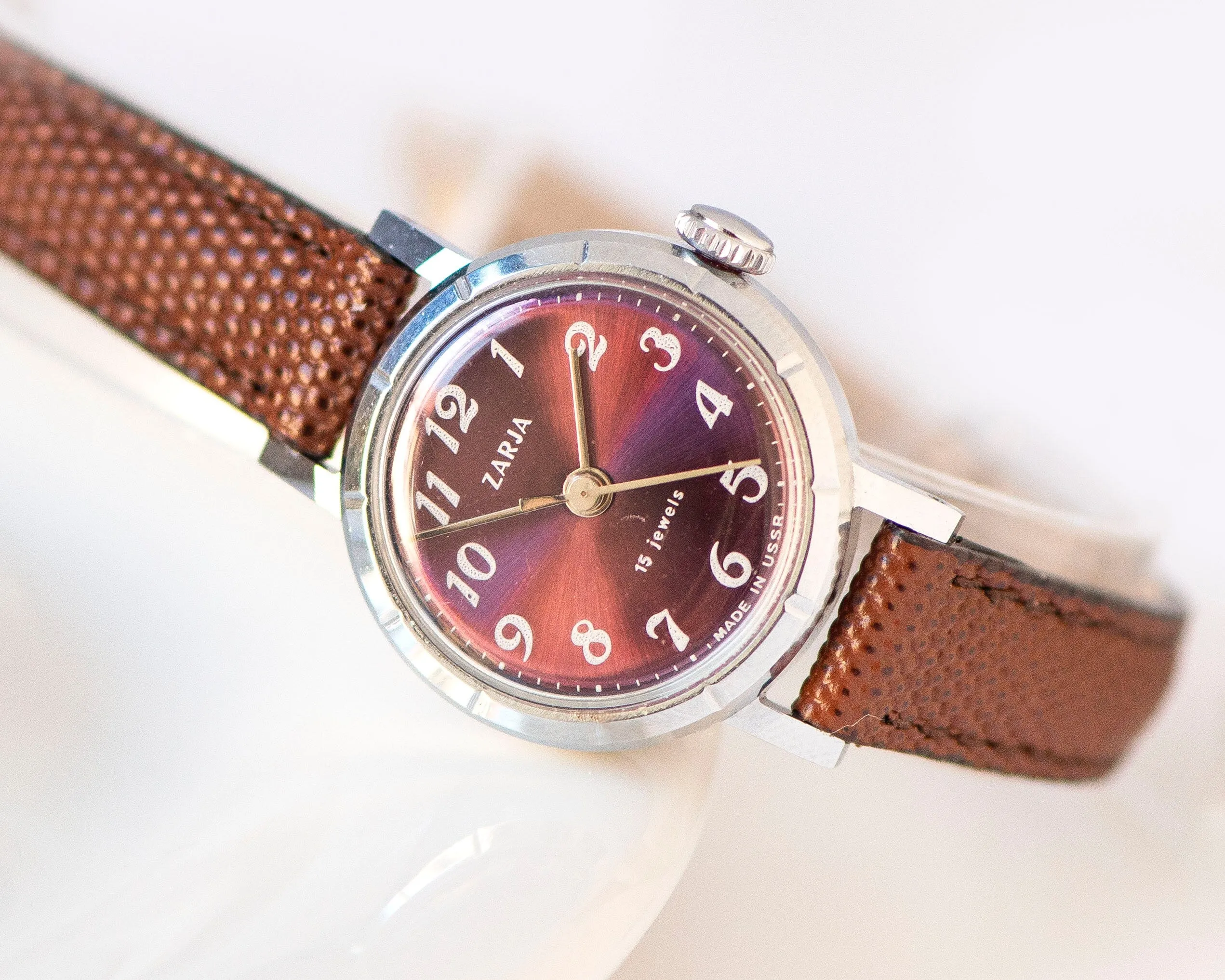 Women watch vintage unused Dawn new old stock, eggplant shade dial watch for women silver shade, shockproof watch, new premium leather strap
