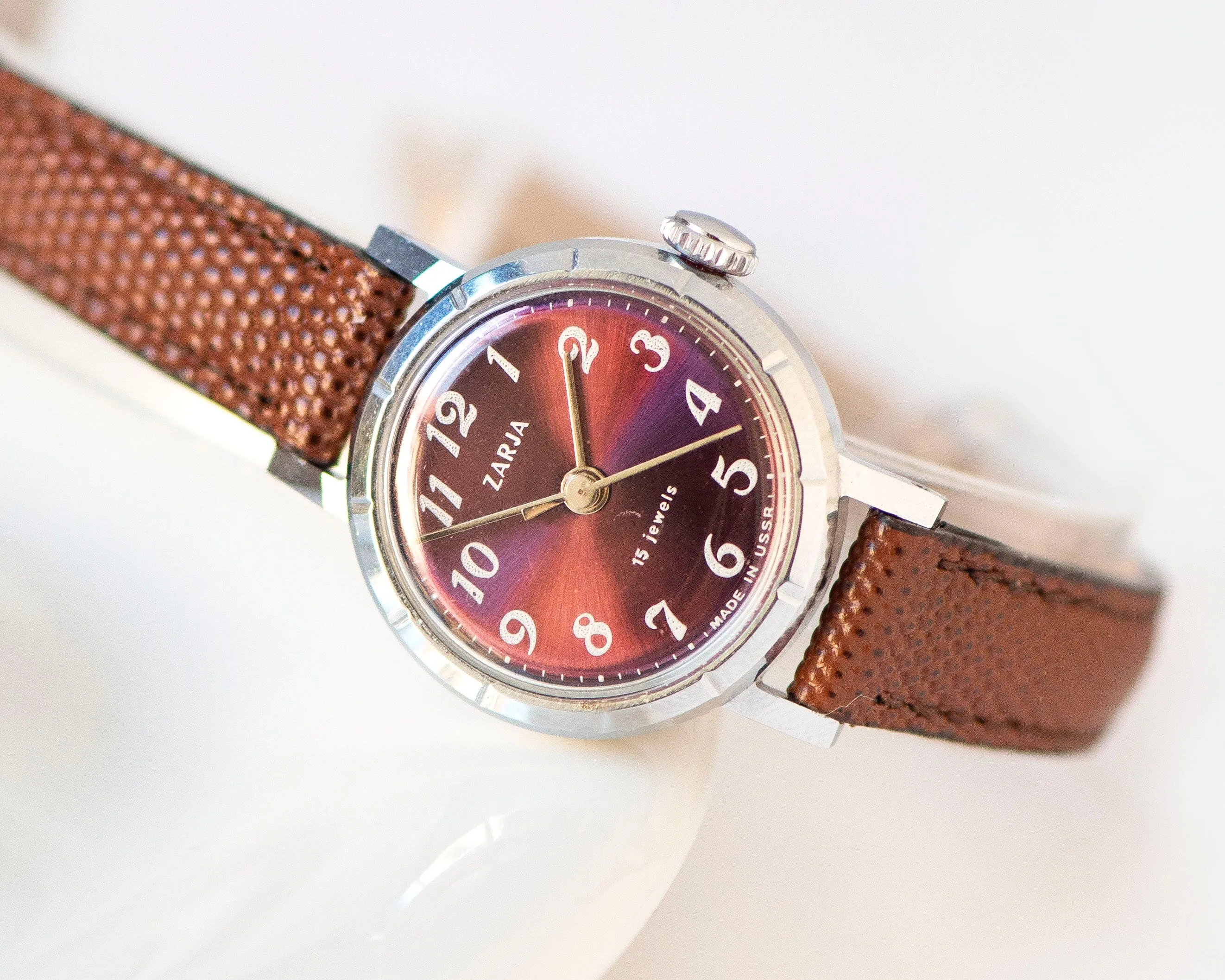 Women watch vintage unused Dawn new old stock, eggplant shade dial watch for women silver shade, shockproof watch, new premium leather strap
