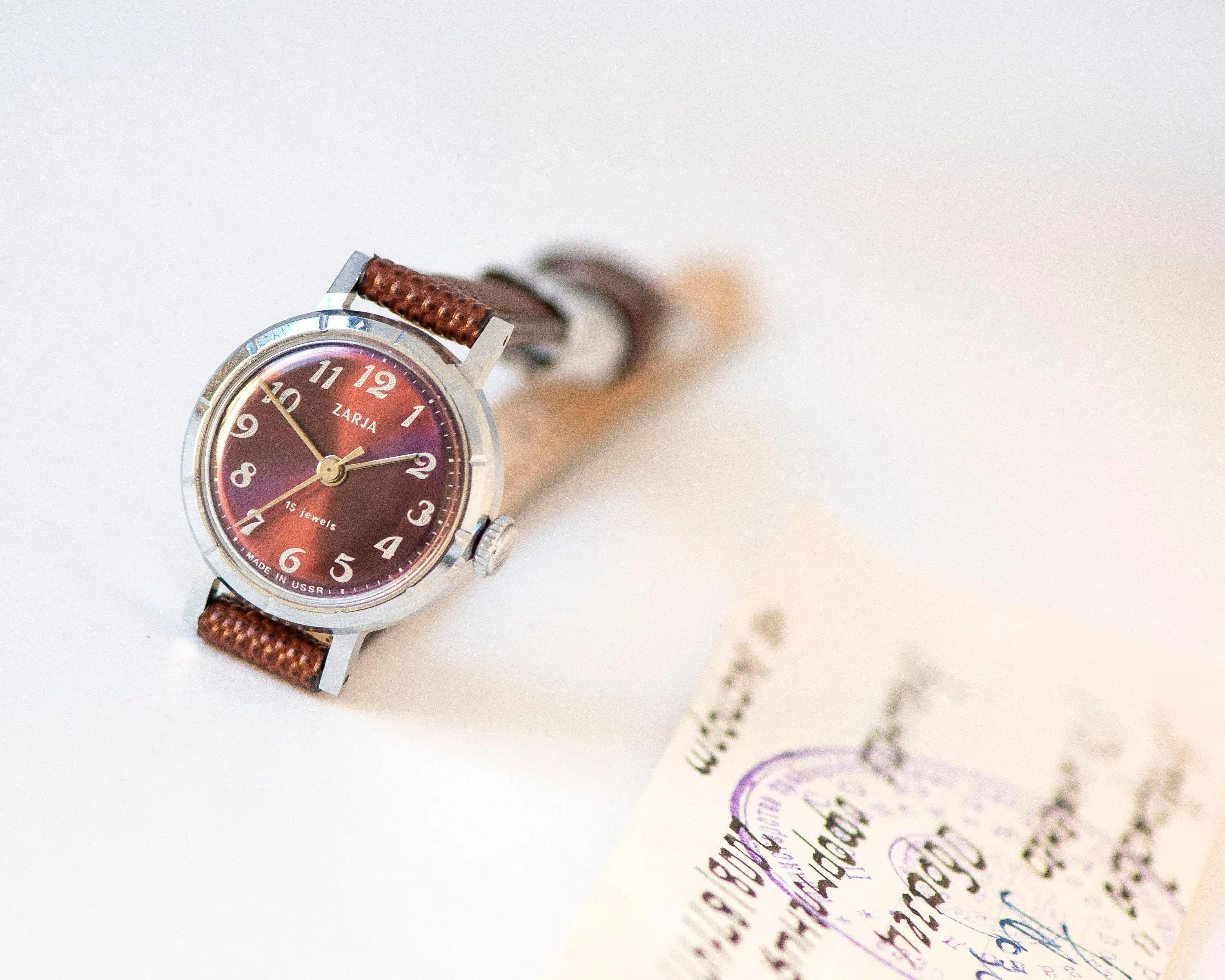Women watch vintage unused Dawn new old stock, eggplant shade dial watch for women silver shade, shockproof watch, new premium leather strap