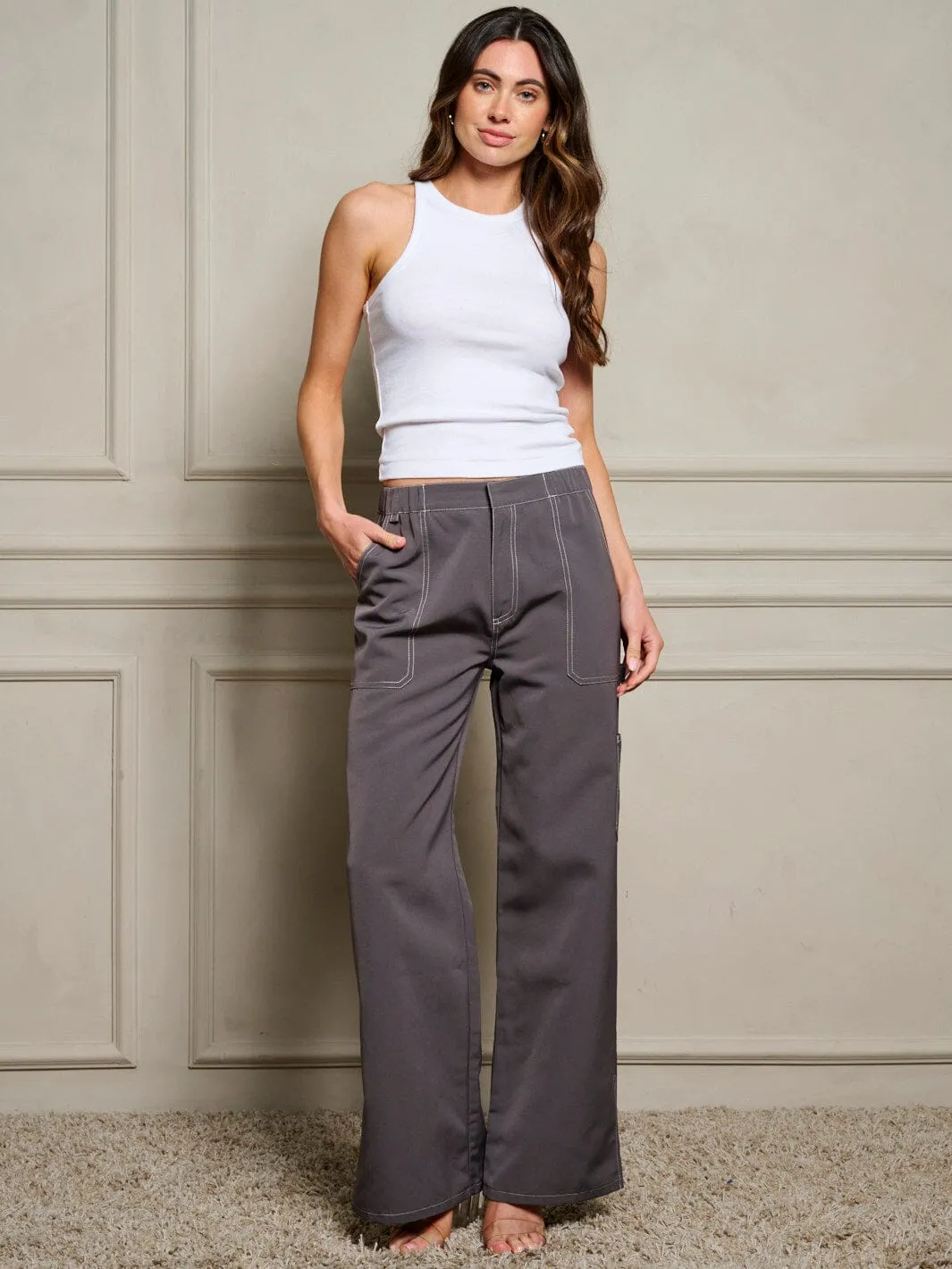 WOMEN'S BUTTON CLOSURE POCKETS WIDE LEG PANTS