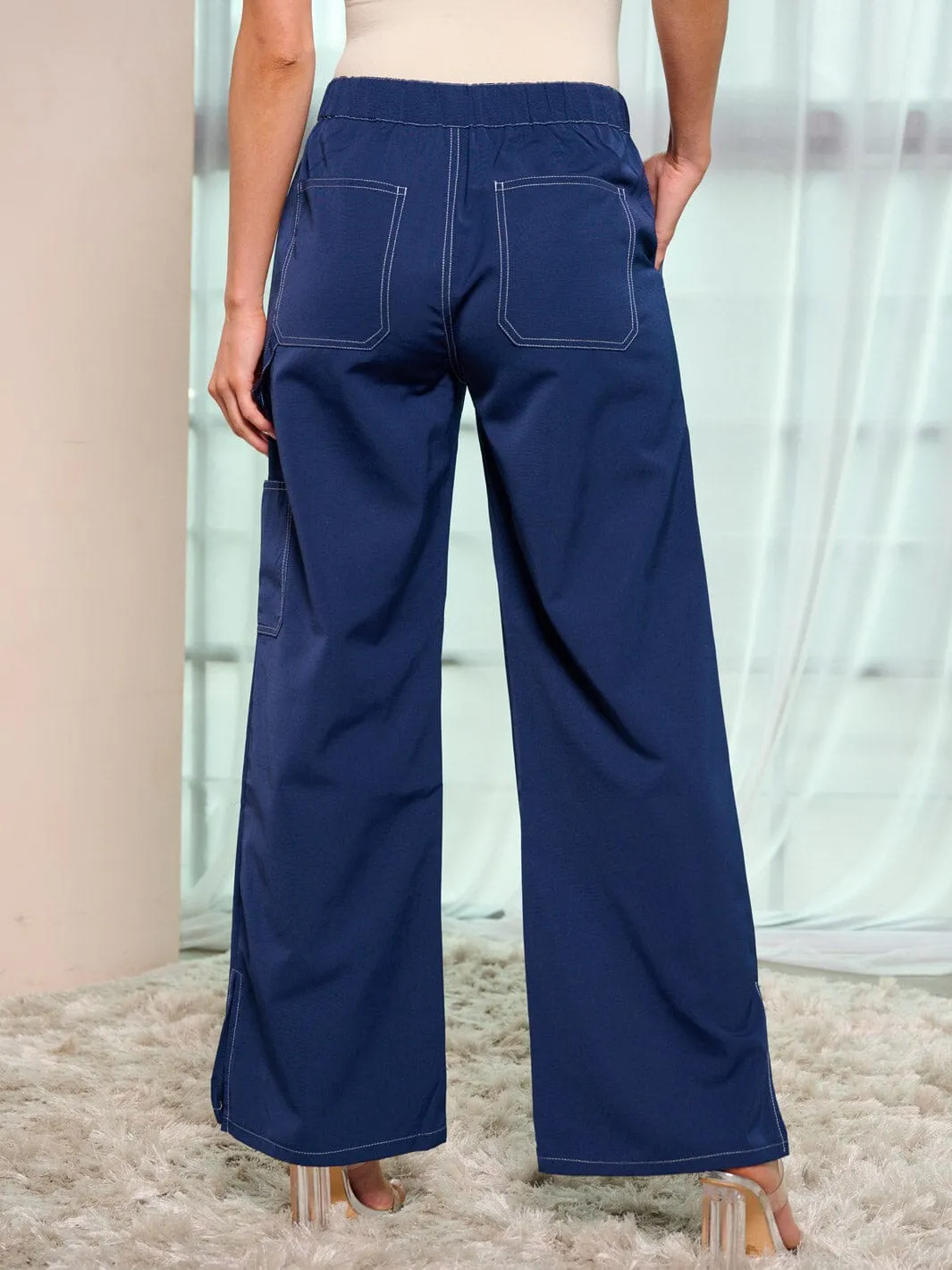 WOMEN'S BUTTON CLOSURE POCKETS WIDE LEG PANTS