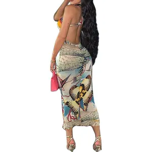 Women's Cutout Back Frill Hem Graphic Print Dress