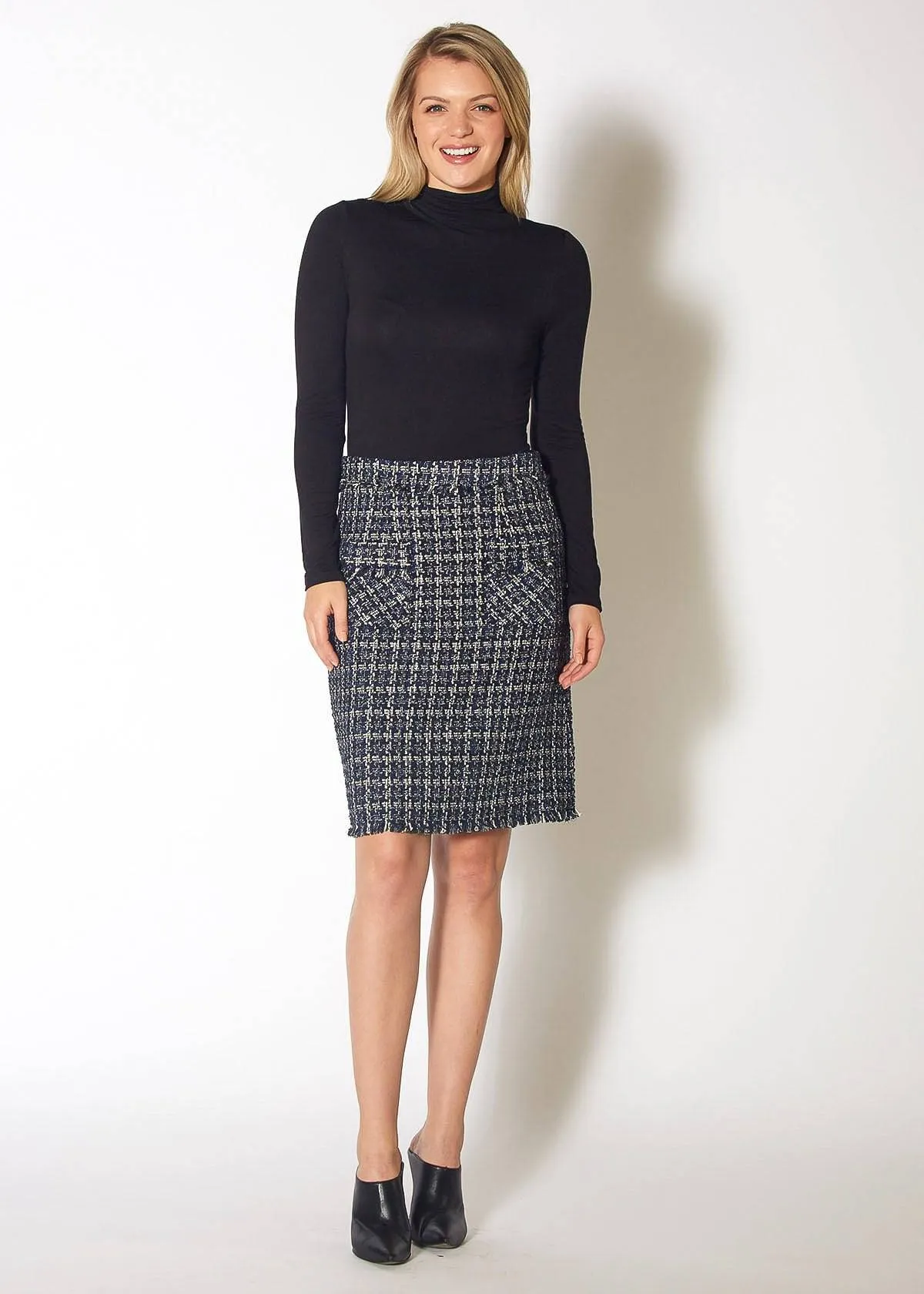 Women's High Rise Pencil Skirt in Navy Tweed