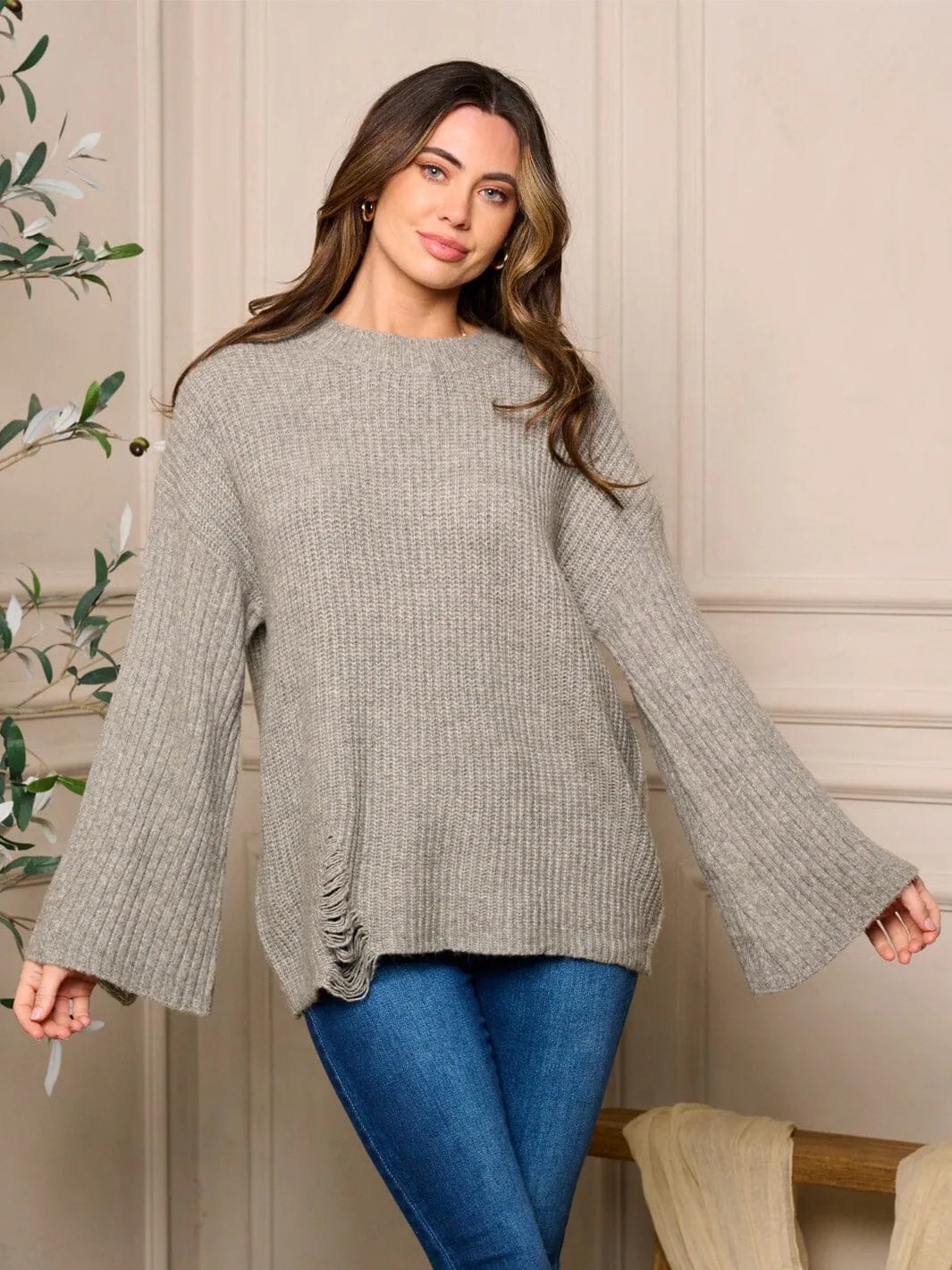 WOMEN'S LONG BELL SLEEVE DISTRESS DETAILED SWEATER