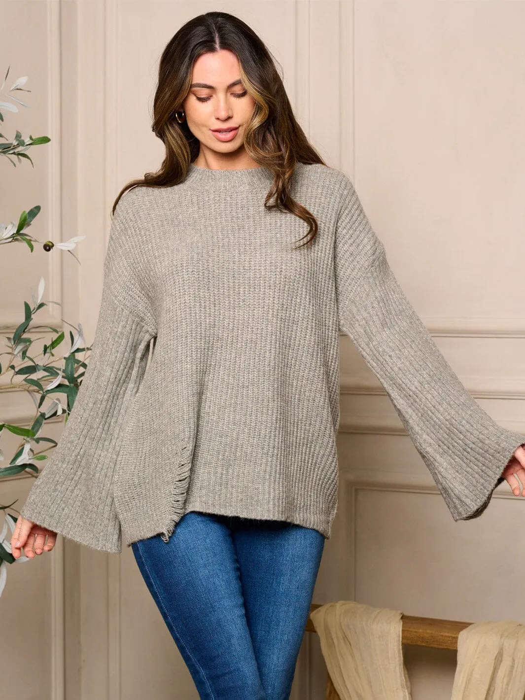WOMEN'S LONG BELL SLEEVE DISTRESS DETAILED SWEATER