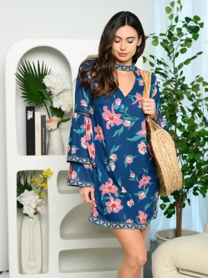 WOMEN'S LONG BELL SLEEVE MOCK NECK FLORAL MINI DRESS