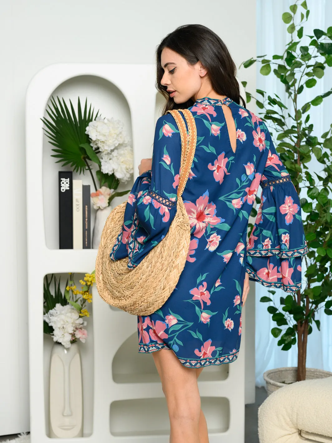 WOMEN'S LONG BELL SLEEVE MOCK NECK FLORAL MINI DRESS
