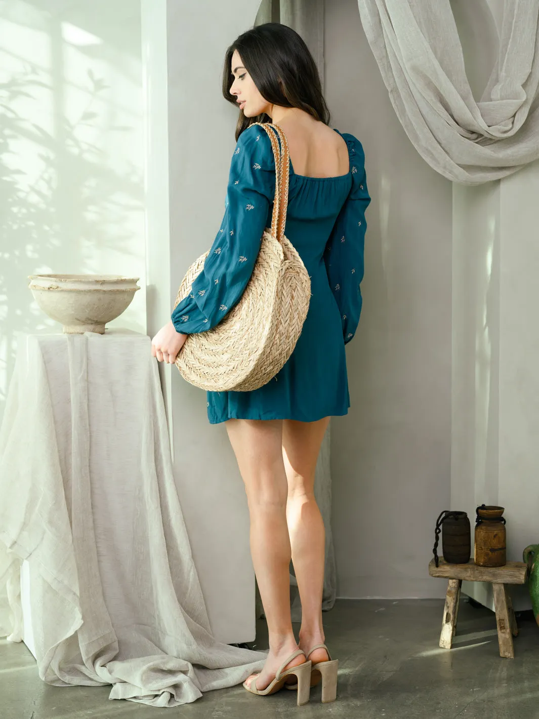 WOMEN'S LONG SLEEVE ALL OVER EMBROIDERY MINI DRESS