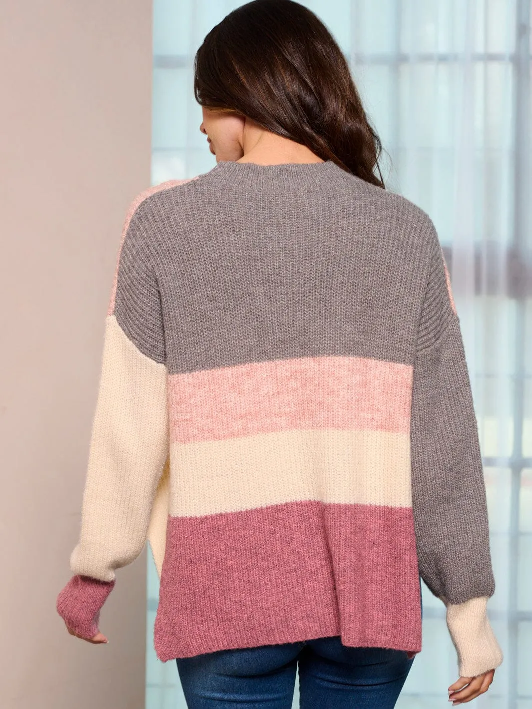 WOMEN'S LONG SLEEVE COLORBLOCK SIDE SLIT PULLOVER SWEATER