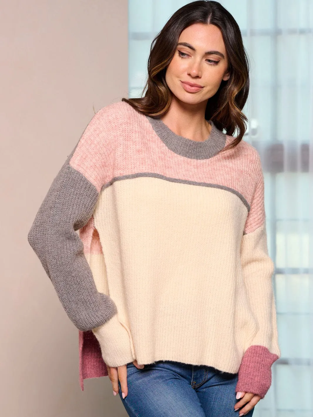 WOMEN'S LONG SLEEVE COLORBLOCK SIDE SLIT PULLOVER SWEATER