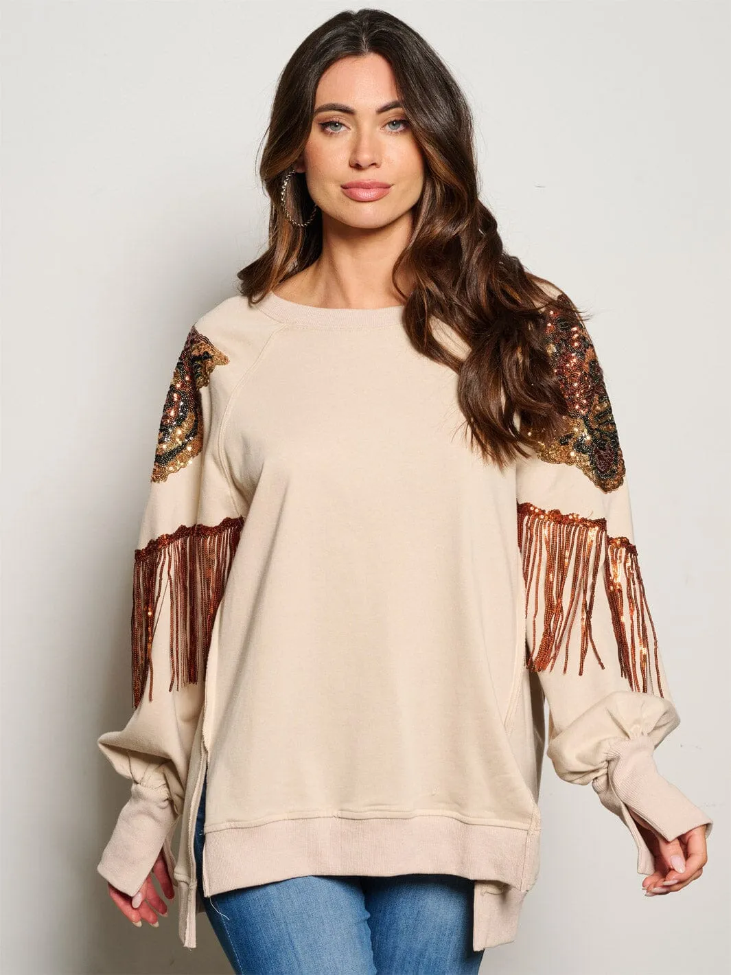 WOMEN'S LONG SLEEVE GRAPHIC SEQUINS DETAILED PULLOVER SWEATER
