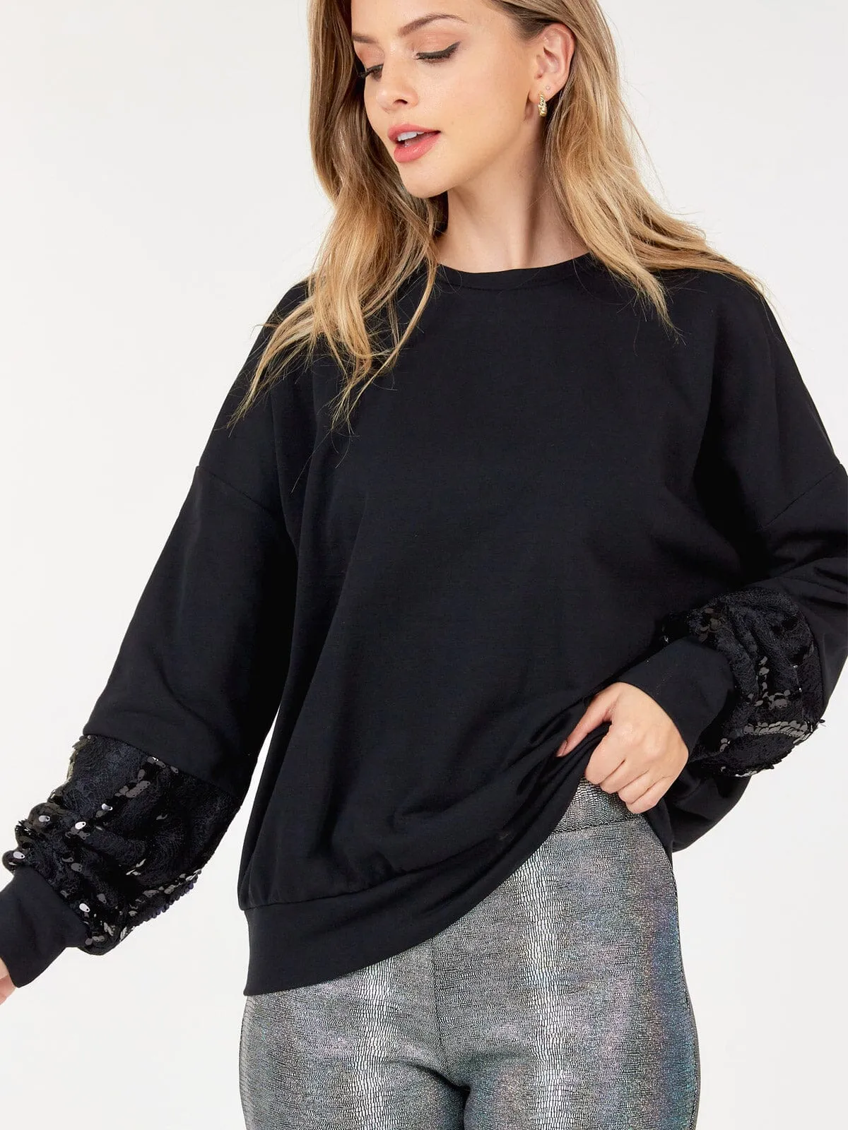 WOMEN'S LONG SLEEVE LACE SEQUINS PULLOVER SWEATER