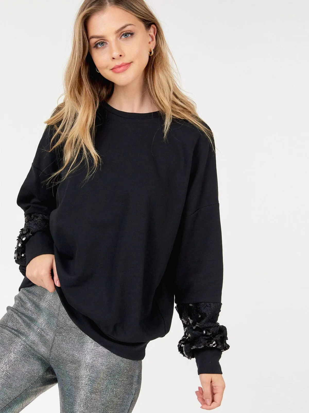 WOMEN'S LONG SLEEVE LACE SEQUINS PULLOVER SWEATER