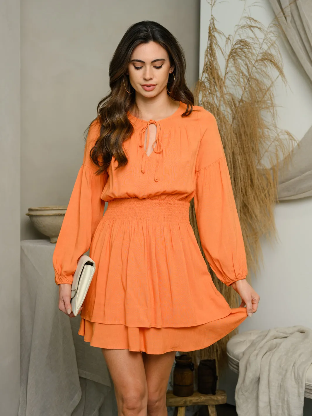 WOMEN'S LONG SLEEVE SMOCK WAIST MINI DRESS