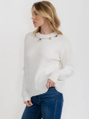WOMEN'S LONG SLEEVE STUDS DETAILED COLLAR PULLOVER SWEATER