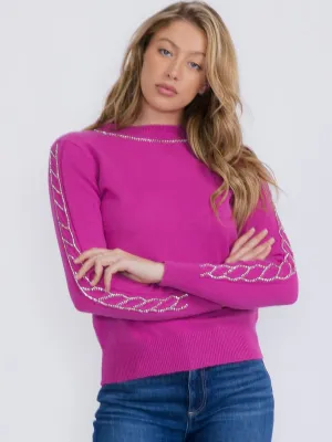 WOMEN'S LONG SLEEVE STUDS DETAILED PULLOVER SWEATER