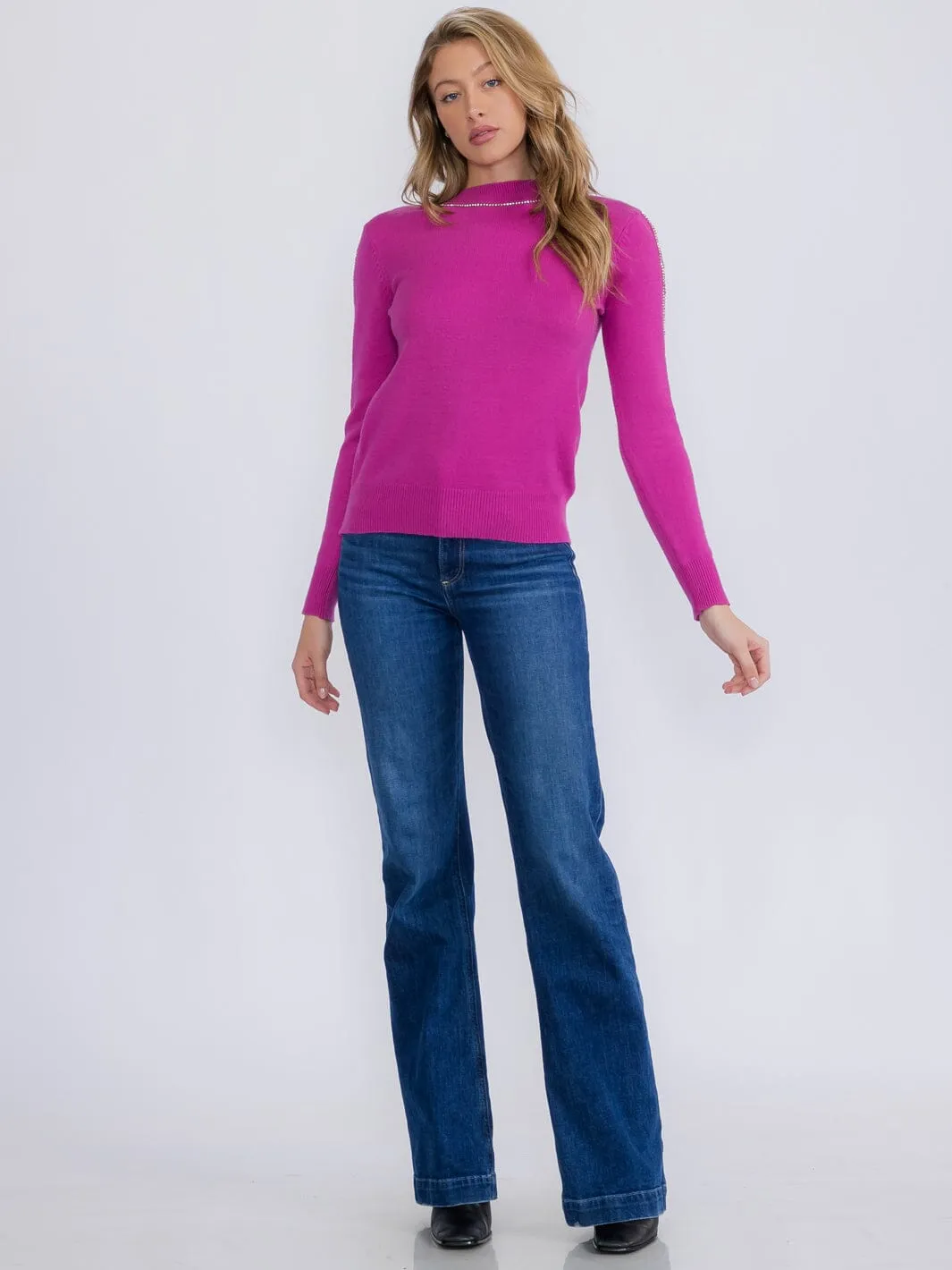 WOMEN'S LONG SLEEVE STUDS DETAILED PULLOVER SWEATER