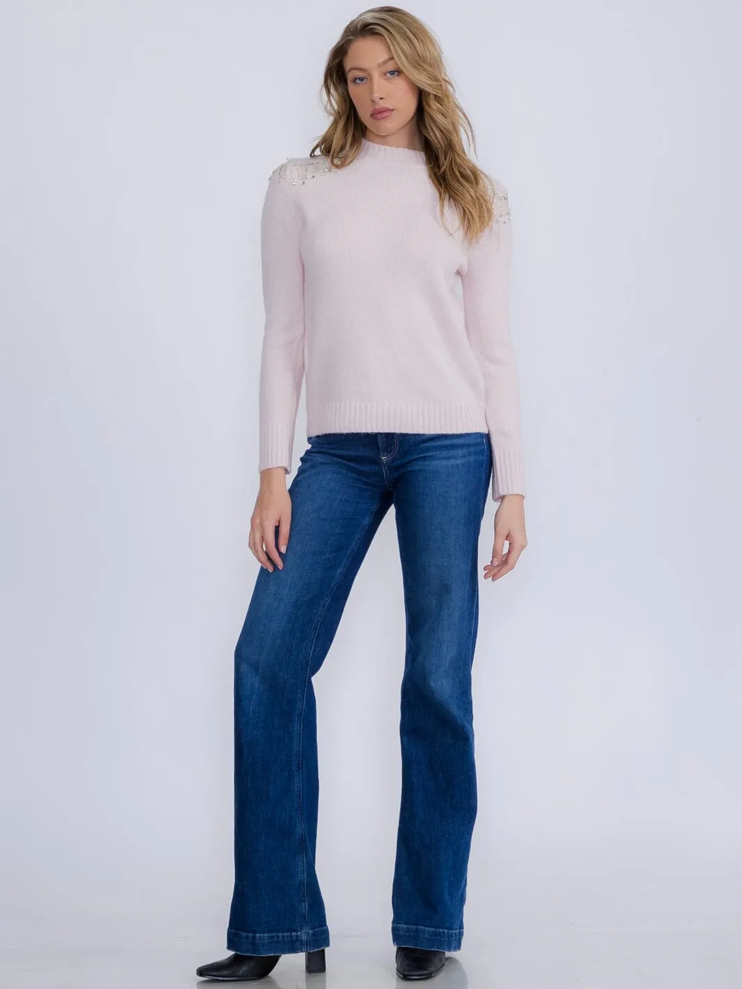 WOMEN'S LONG SLEEVE STUDS FRINGE FUZZY PULLOVER SWEATER