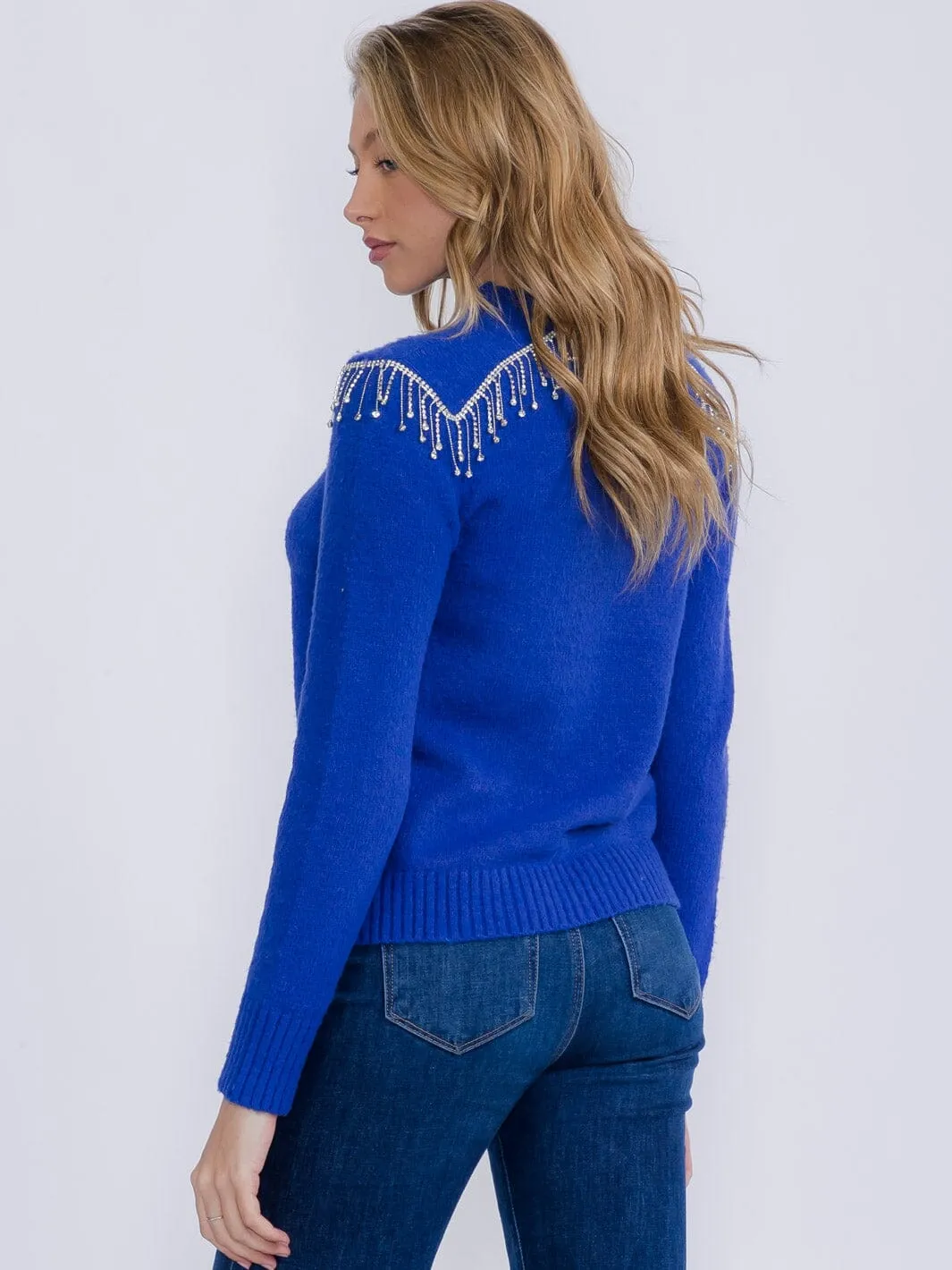 WOMEN'S LONG SLEEVE STUDS FRINGE FUZZY PULLOVER SWEATER