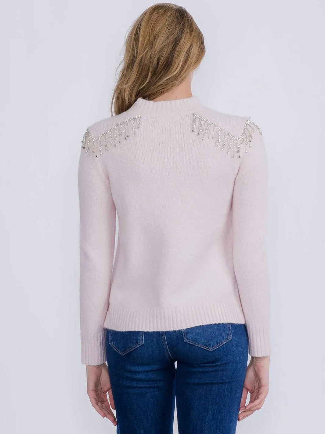WOMEN'S LONG SLEEVE STUDS FRINGE FUZZY PULLOVER SWEATER