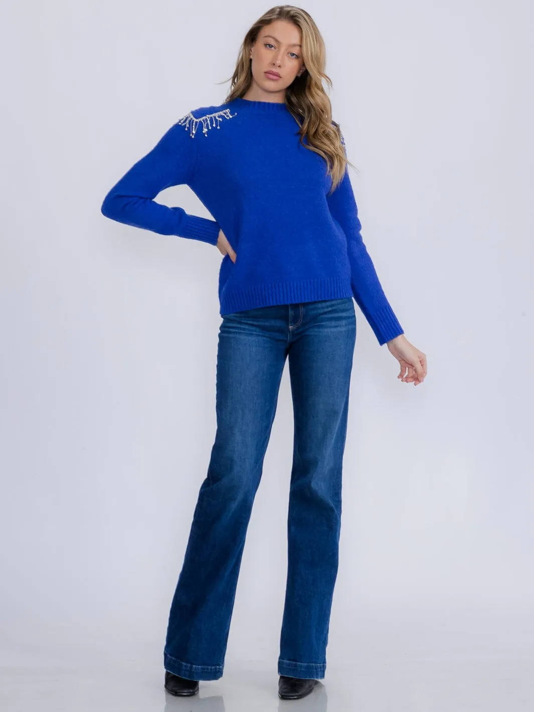 WOMEN'S LONG SLEEVE STUDS FRINGE FUZZY PULLOVER SWEATER