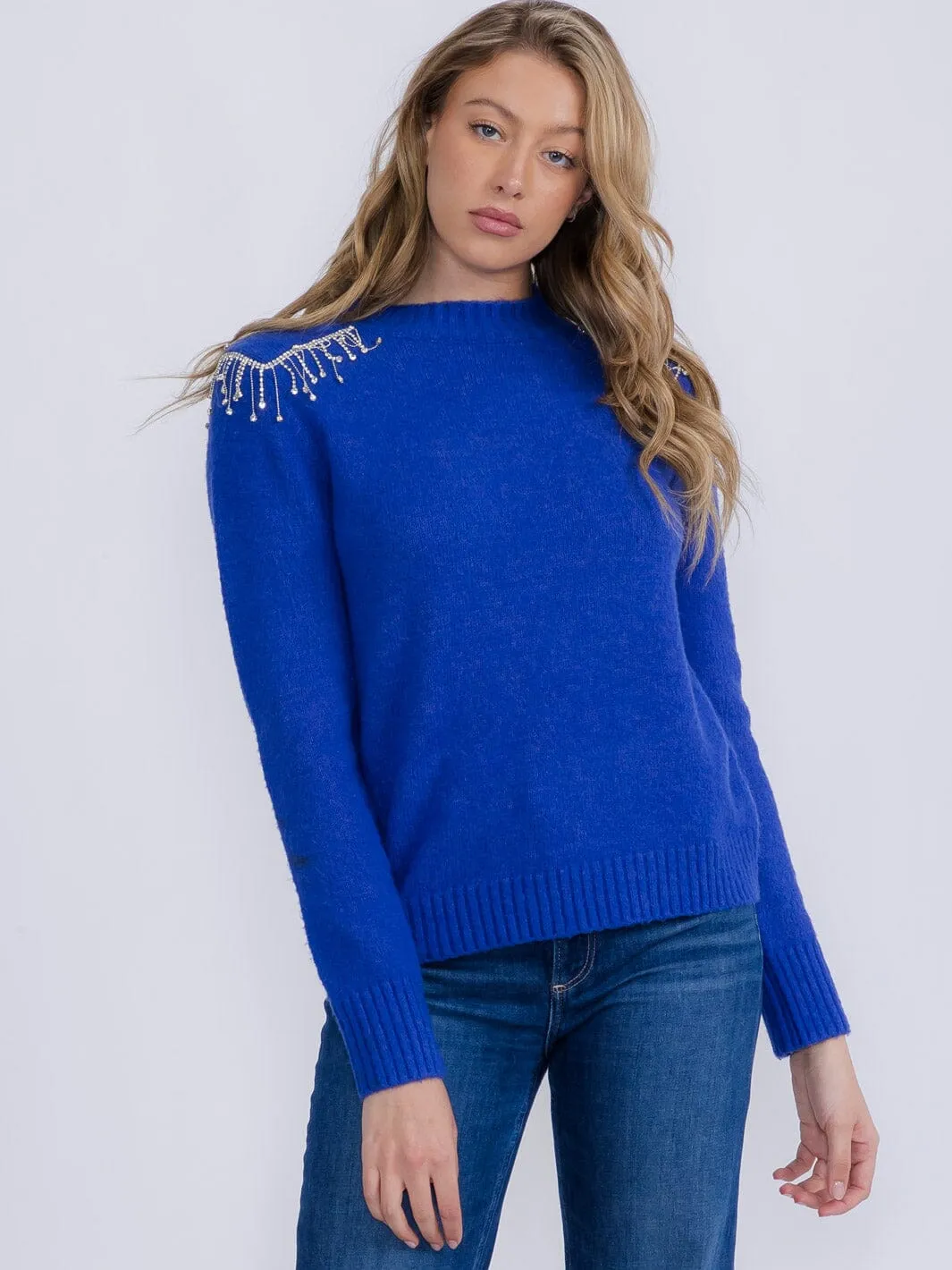 WOMEN'S LONG SLEEVE STUDS FRINGE FUZZY PULLOVER SWEATER