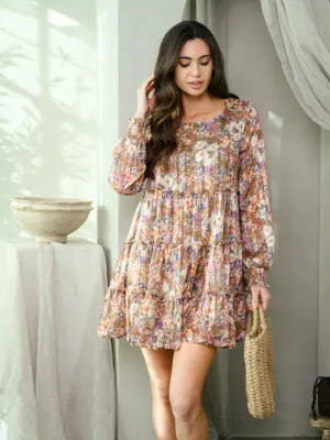 WOMEN'S LONG SLEEVE TIERED FLORAL MINI DRESS