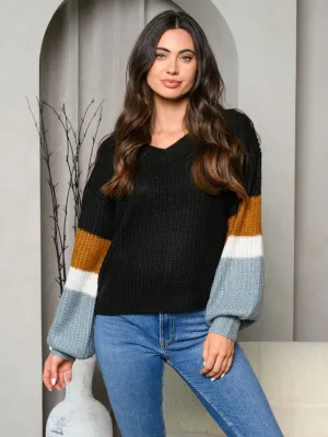 WOMEN'S LONG SLEEVE V-NECK COLORBLOCK PULLOVER SWEATER