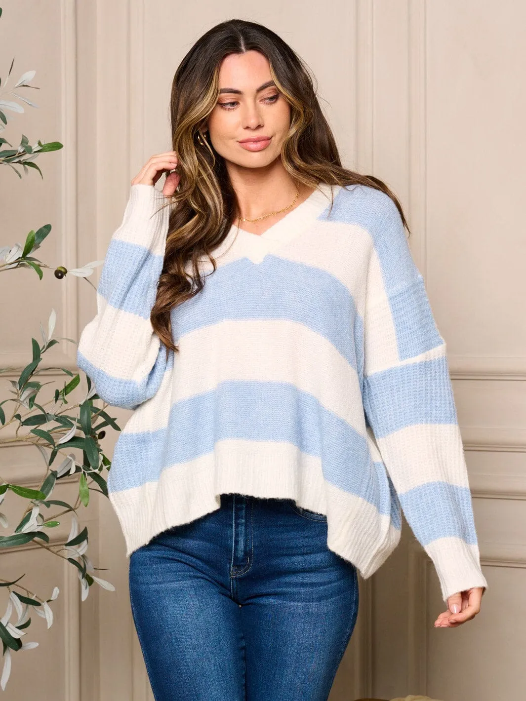 WOMENS LONG SLEEVE V-NECK PULLOVER COLORBLOCK SWEATER