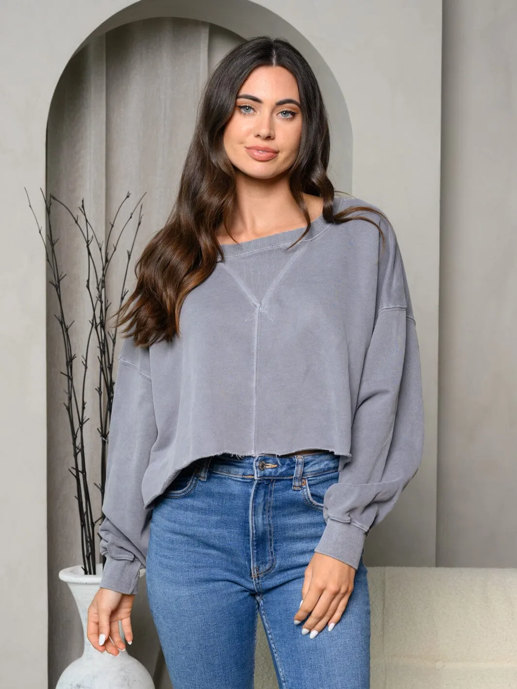 WOMEN'S LONG SLEEVE WASHED PULLOVER SWEATER