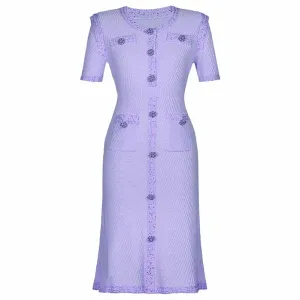 Women's Pearl Button Detail Ribbed-knit Middle Length Dresses