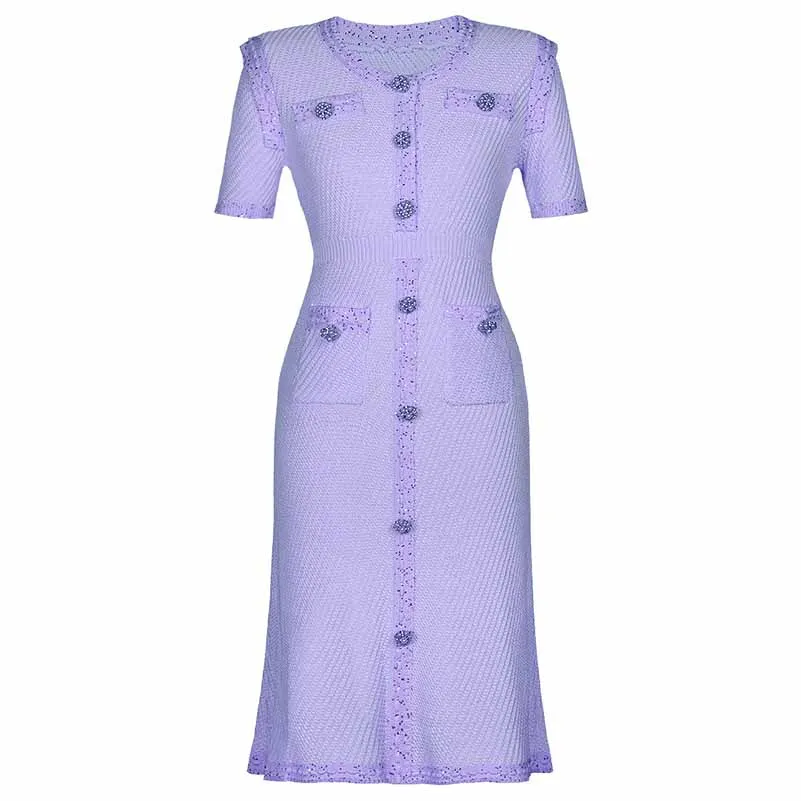 Women's Pearl Button Detail Ribbed-knit Middle Length Dresses